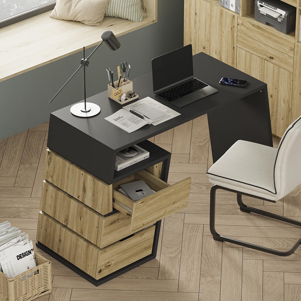 Vicco Bureau Okaro, Anthracite/chêne, 105x50cm avec 3 tiroirs, Convient comme Espace de Travail pour Le Bureau à Domicile ou la Chambre d’ado
