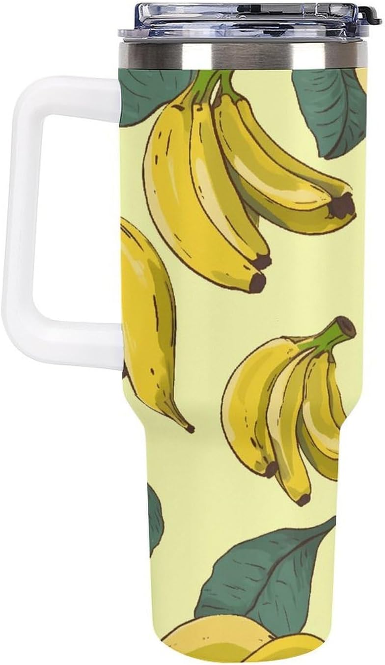 Banana Print Tumbler Stainless Steel Large Car Cup with Handle&Straw Lid Portable Coffee Cup Leak-proof Water Bottle Insulated Vacuum Travel Mug for Home Outdoor 40oz
