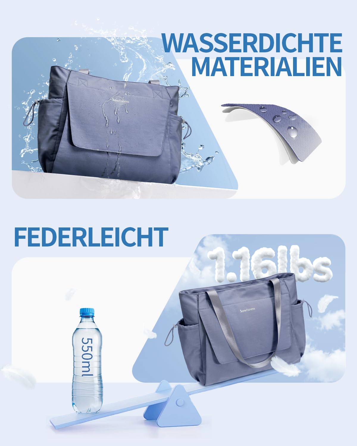 sportsnew Yogatasche Damen Groß Wasserdicht Yoga Tote Tasche mit Nassfach & Klettverschluss Schnellzugriff Yogamatte