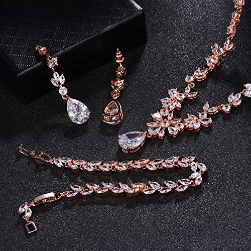 Hadskiss WYT001C Jewelry Set For Women, Necklace Dangle Earrings Bracelet Set With White Cubic Zirconia, Rose Gold Plated Wedding Party Jewelry thumb #2