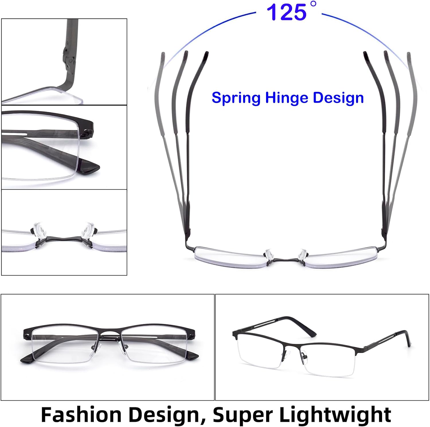 HIGHLIKE Blue Light Reading Glasses for Men, Metal Half Frame Readers Spring Hinge Clear Lens Eyeglasses with Pouches - Image 3