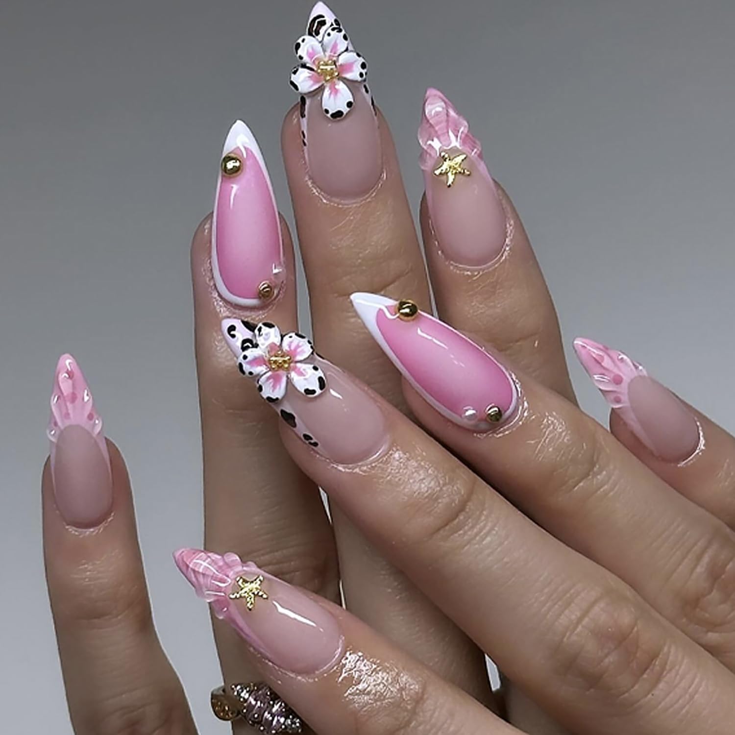 3D Handmade Press on Nails Medium Almond Fake Nails French Tip Glue on Nails Cute False Nails with Flower Shell Star Designs Glossy Pink Acrylic