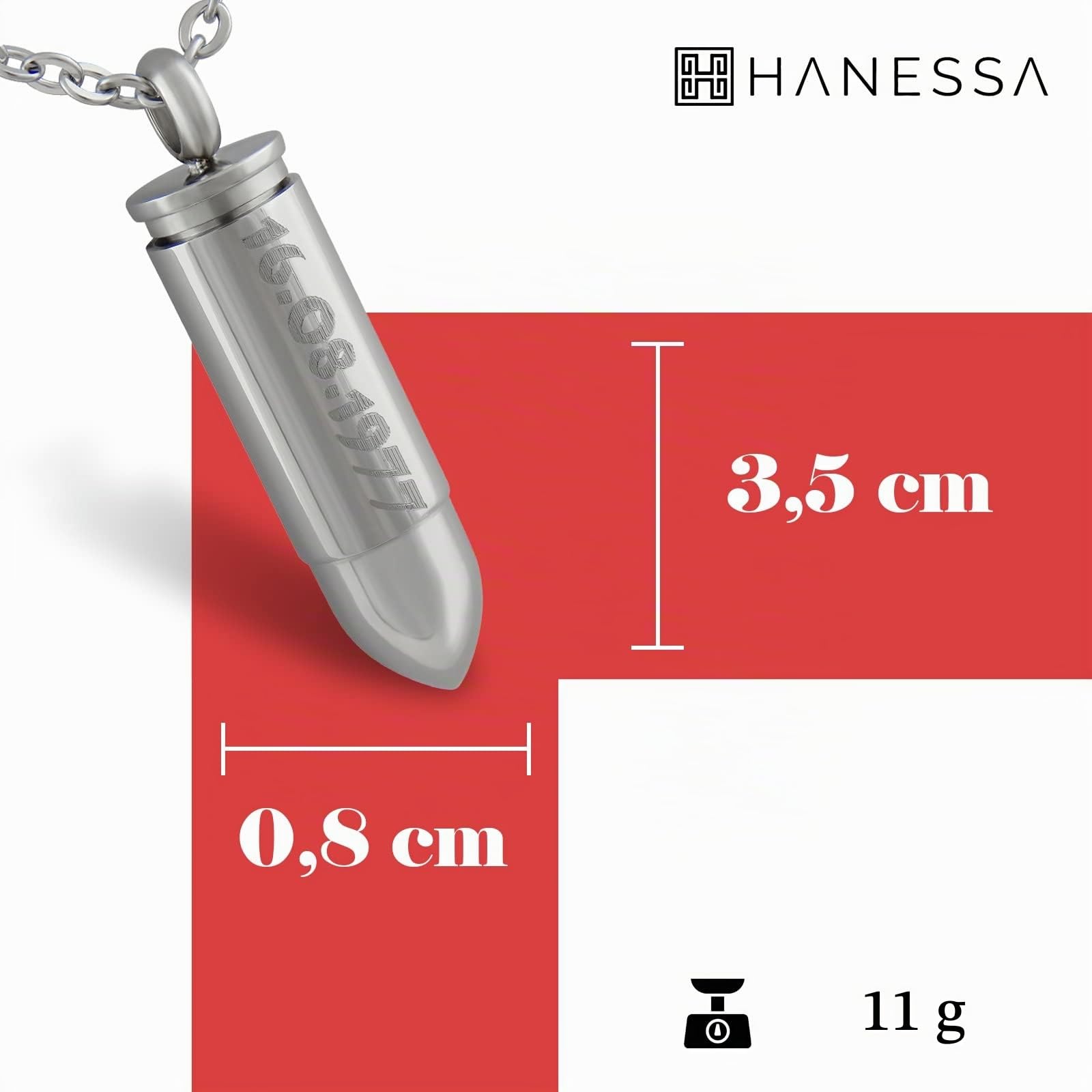 Personalisierte Kette mit Gravur Edelstahl 50 cm mit Anhänger "Pistolen Kugel " Patrone zum Aufschrauben in silber - Personalisierte Halskette für Männer und Frauen - Personalisierter Schmuck