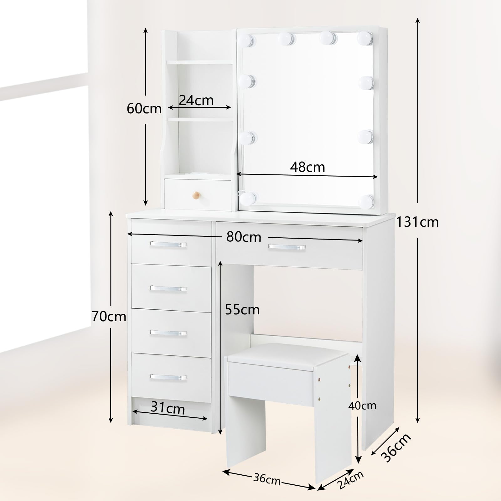 Toeletta trucco con Luci e Sgabello, 10 Luci LED Regolabile a 3 colori, Toeletta bianca con Specchio e 6 Cassetti + 6 Ripiani aperti, Moderno per Camera da Letto 80x36x130cm