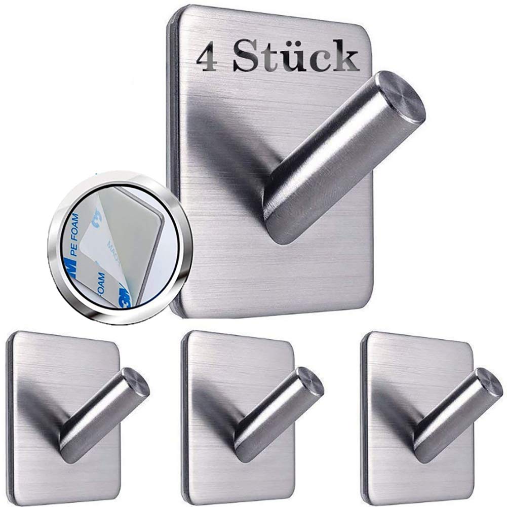 PLECUPE Towel Hooks, Pack of 4 Self-Adhesive Towel Holder, Adhesive Hooks, Wall Hooks, Clothes Hooks, Stainless Steel, No Drilling, Towel Hooks for Bathroom and Kitchen, Silver
