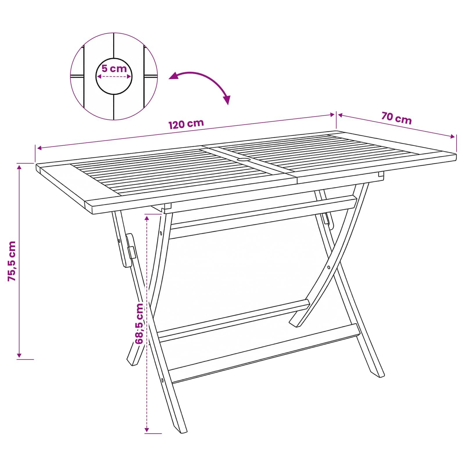 vidaXL Table de Jardin Pliante Naturel 120 x 70 x 75,5 cm, Table Pliante rectangulaire Moderne, mobilier de Jardin en Teck, idéale pour Le Patio et l'extérieur