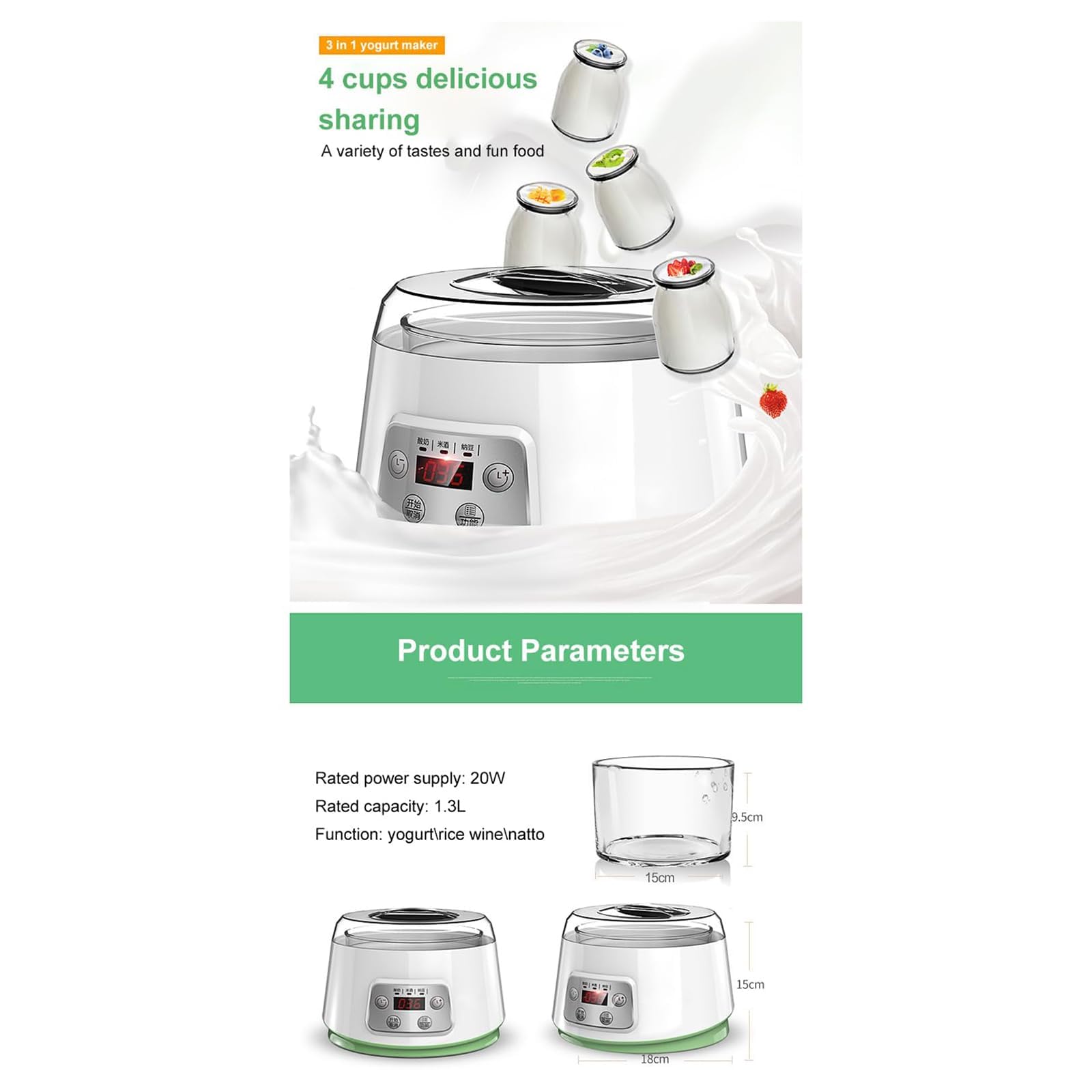 Yogurtera Eléctrica De 1,3 L, con 4 Compartimentos De 100 Ml, Pantalla LCD/Interruptor Táctil, Tiempo Ajustable, Recipiente De Vidrio, Apagado Automático, para Yogur Casero/natto,A