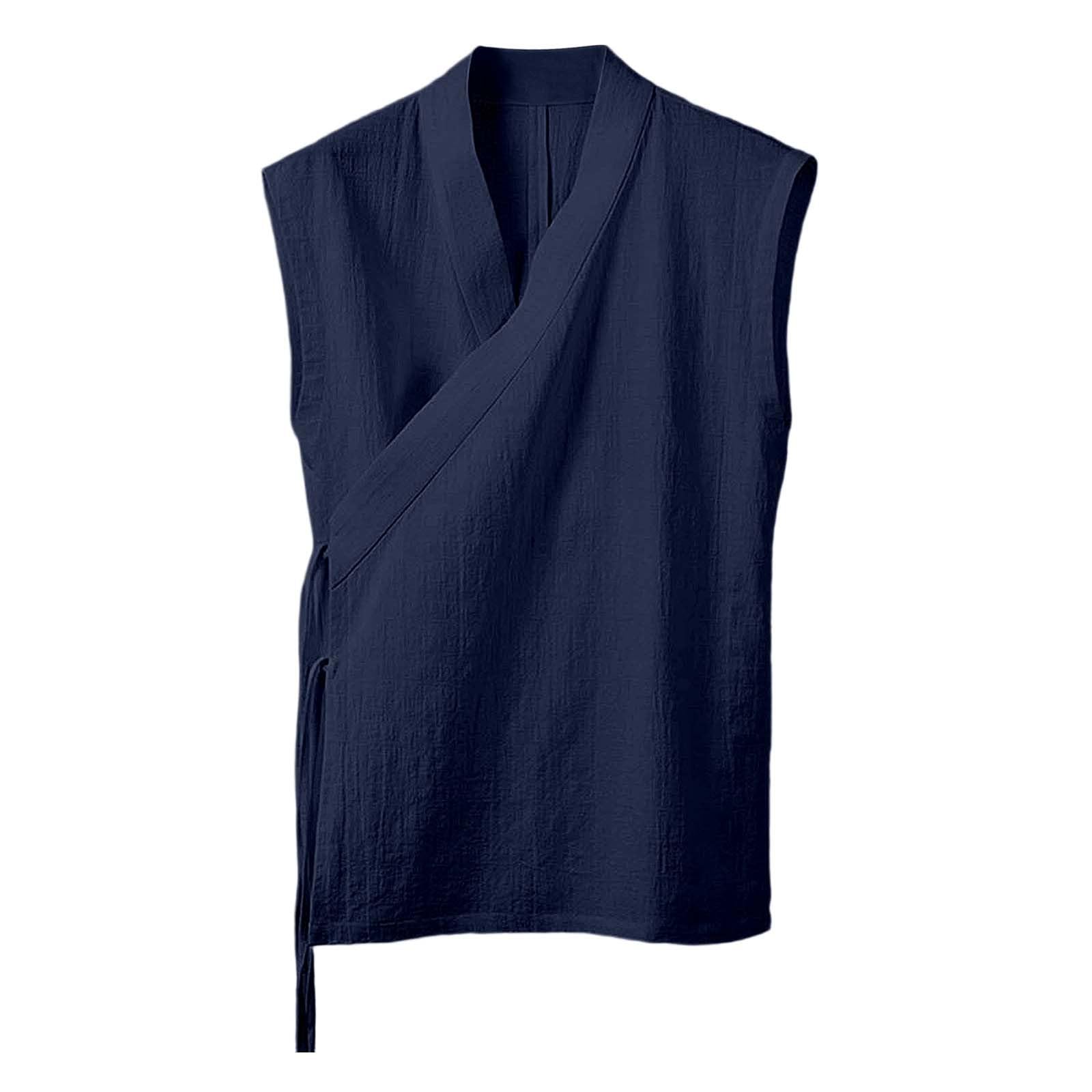 Giubbotto Tradizionale Uomo Senza Maniche Giapponese Kimono Giacca Per Allacciare Cotone Lino Abbigliamento Cinese Hanfu Tang Tuta Anteriore Aperto Yukata Comodo Traspirante