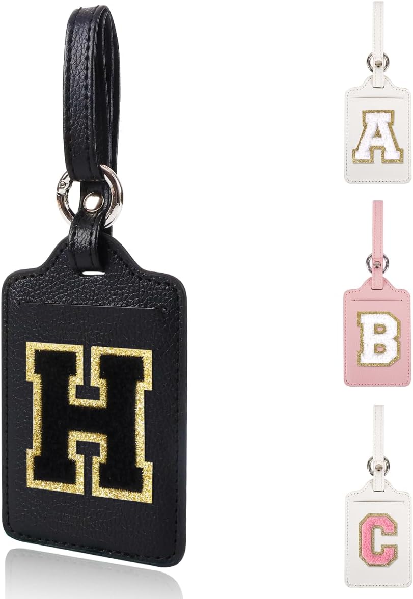Personalized Initial Luggage Tags for Suitcases, Leather Chenille Letter Cute Luggage Tags with Privacy Name Card, Embroidered Travel Bag Backpack Tag Gifts for Women Kids Girls Teens(Black-H)