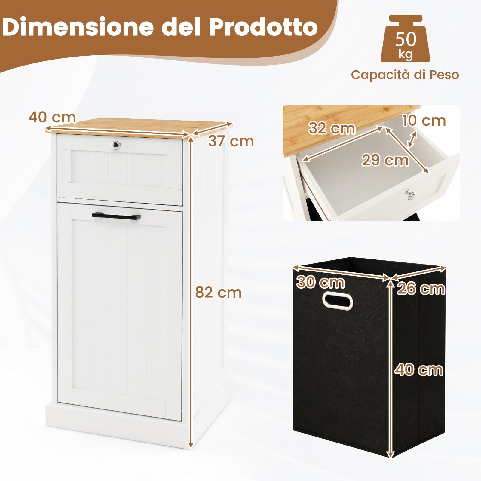 Mobiletto Portabiancheria In Bambù COSTWAY - Cesto 68L Ribaltabile Con Ripiano - 50x35x64cm