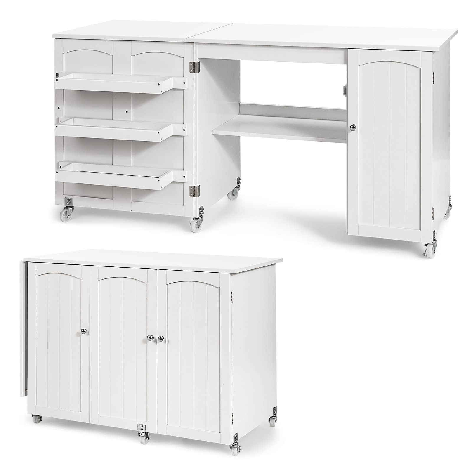 COSTWAY 2 in 1 Nähtisch Nähschrank klappbar, Nähmaschinentisch mit Arbeitsplatte, Ablagen & Türschrank, Mobiler Schreibtisch mit abschließbaren Rollen, Basteltisch Nähmöbel, 158x50x75cm (Weiß)