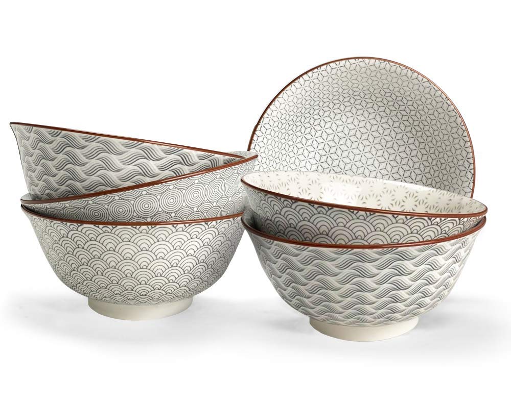 Ard'time - Set mit 6 großen Schalen, Müslischalen, Suppenschalen aus 100 % Porzellan mit Aufdruck, elegantes Geschirr, Fassungsvermögen 950 ml, geeignet für Spülmaschine und Mikrowelle, Kollektion