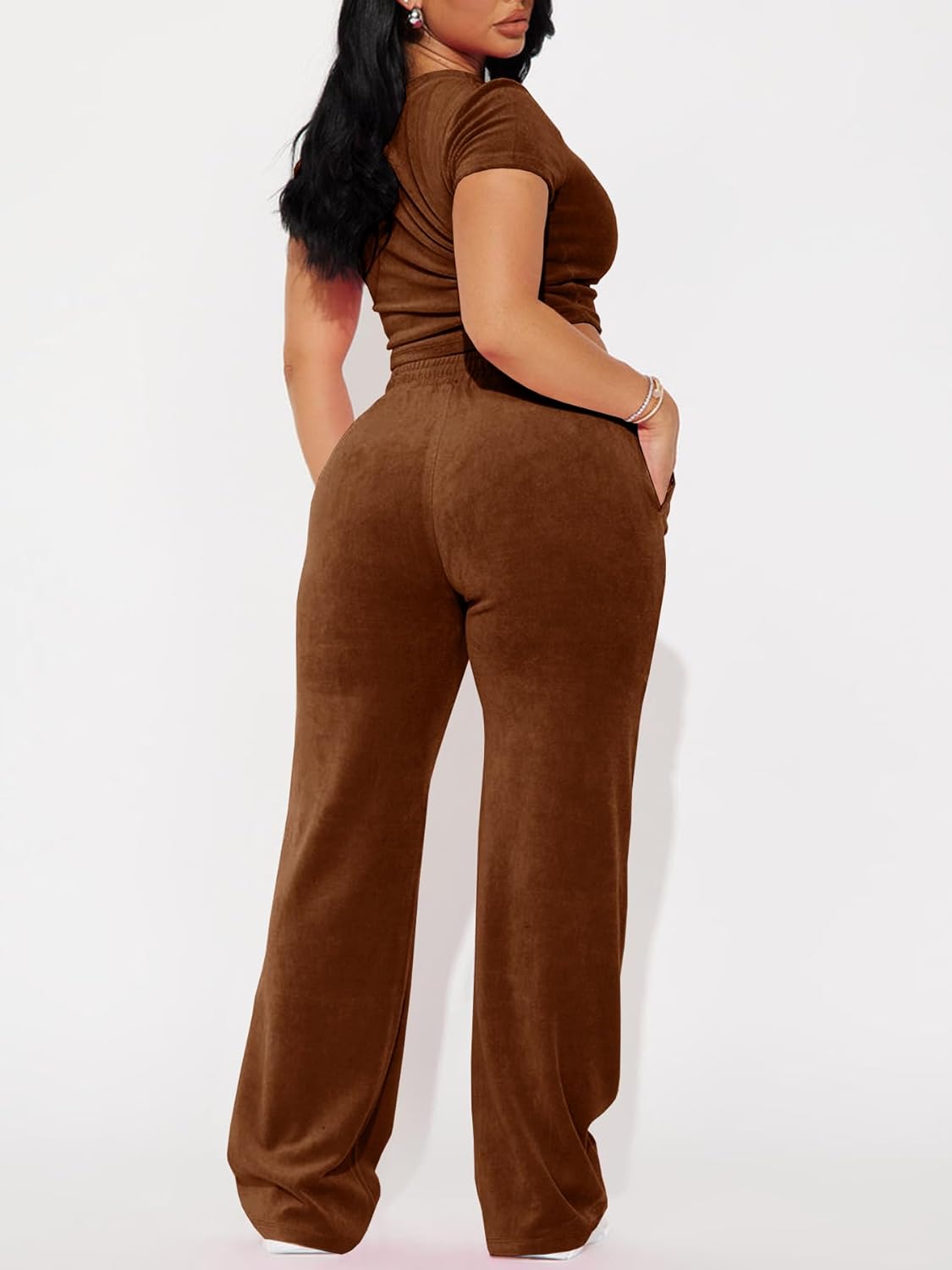 SMSN Women 2 Piece Outfits Velvet Sweatsuit Set Casual Short Sleeve Pullover Tops and Wide Leg Sweatpant Tracksuit Sets - Image 4