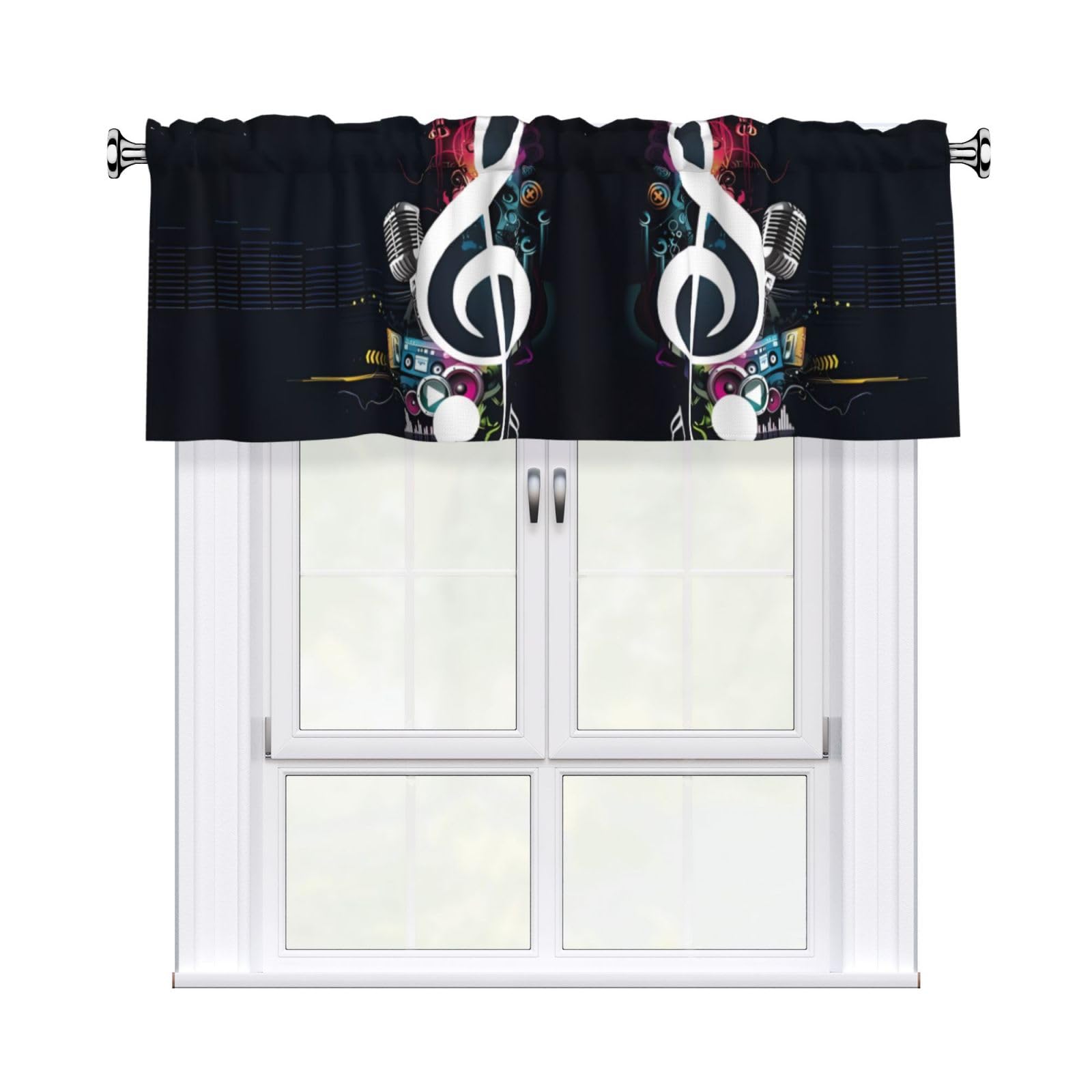 WHJDPP Black Music Notes Prints Charming Kitchen Window Cover – 54x18 Inch Peach Skin Valance with Decorative Print