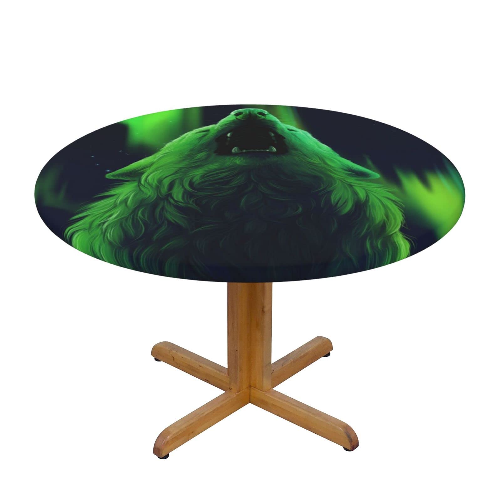 Lsjuee Round Fitted Tablecloth 40-44in Elastic Edged Table Cloth for Kitchen Dining Party Home Decor - Northern Lights Wolf Green