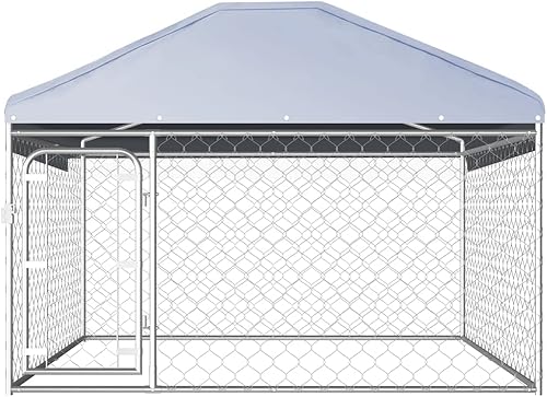 Vista 2 de Valla de acero galvanizado para perros al aire libre con techo, jaula para perros grande, corral para perros al aire libre, valla para patio trasero