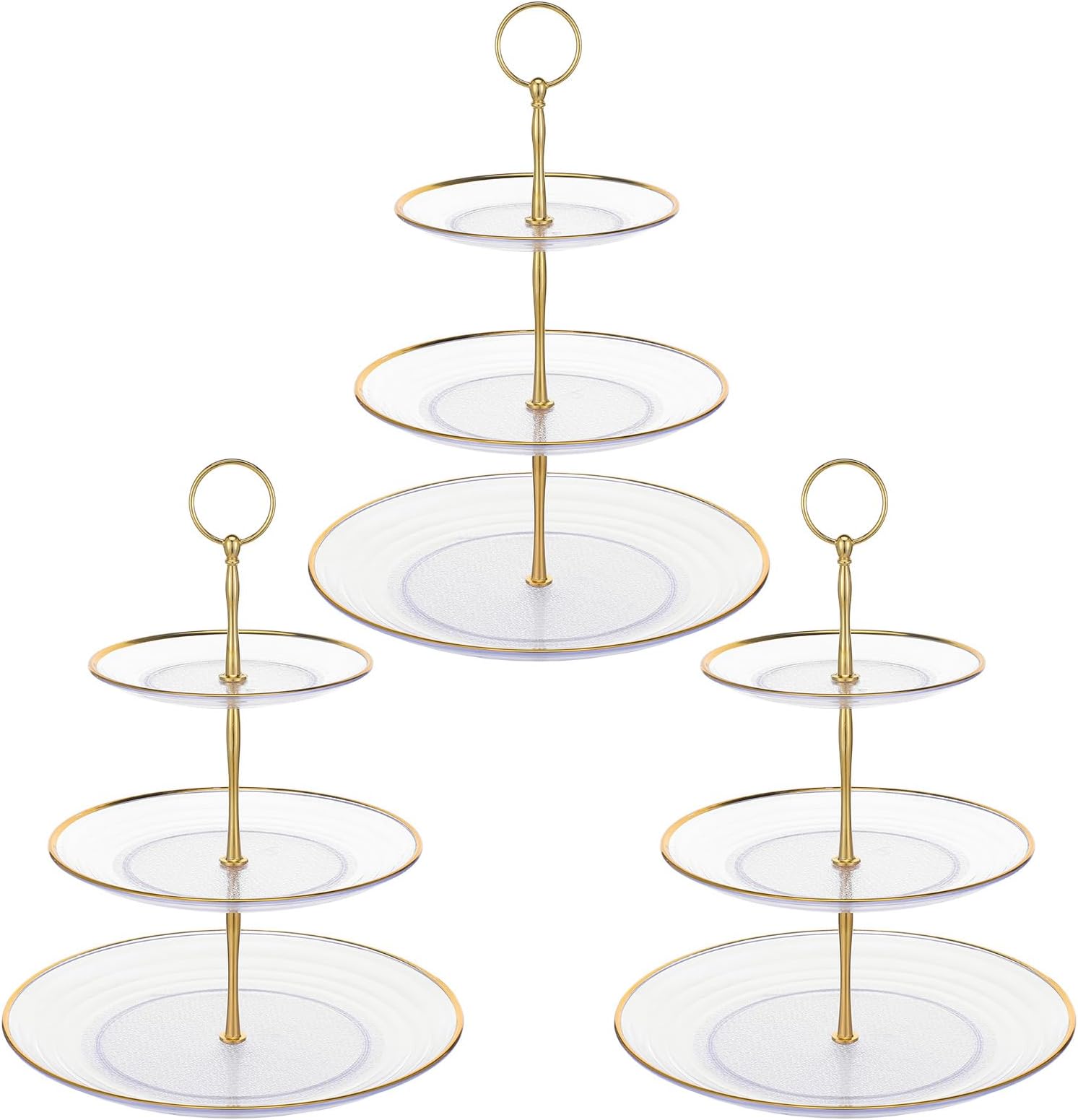 3PCS 3 Tier Cupcake Stand, Small Tiered Serving Cake Stand, Transparent Plastic Dessert Stand, Weddings Parties Pastry Serving Tray (Clear Plate with Gold Rim)