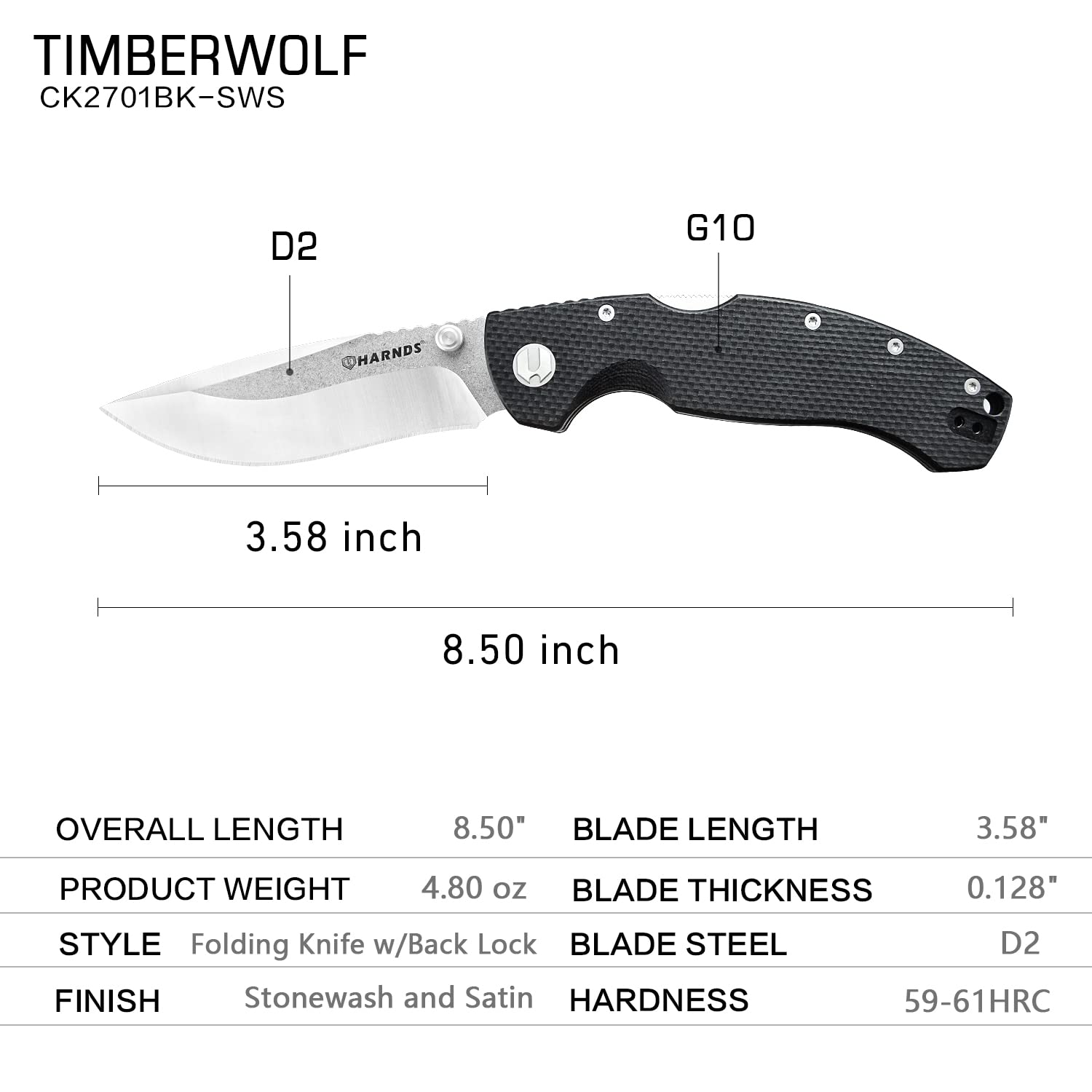 Harnds Timberwolf Cuchillo plegable con hoja de acero D2 de 9.14cm cuchillo de camping con mango backlock G10 filo liso y clip de bolsillo (Lavado de piedra + satén)