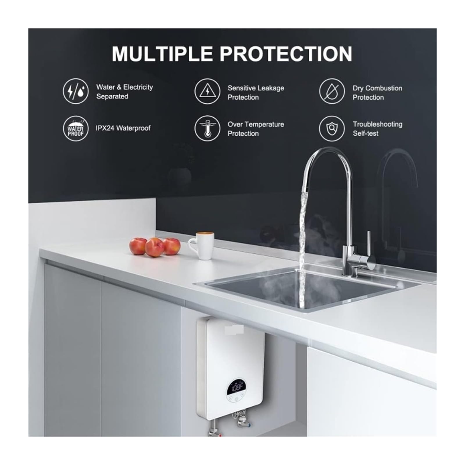 Calentador De Agua Sin Tanque Eléctrico, Calentador De Agua Instantáneo Debajo del Fregadero, Tecnología De Automodulación, Calentador Eléctrico Blanco De Bajo Consumo a casa(Bianco)