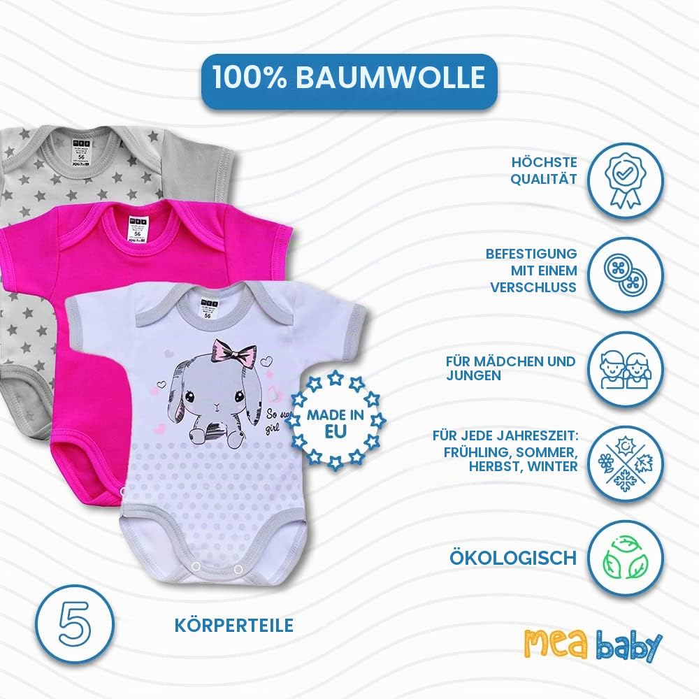 MEA BABY 5er Pack Baby Kurzarm-Body für Mädchen & Jungen aus 100% Baumwolle, Babybody Set mit Motiv und Druckknöpfen, atmungsaktiver Einteiler mit Schlupfkragen, ideale Erstausstattung