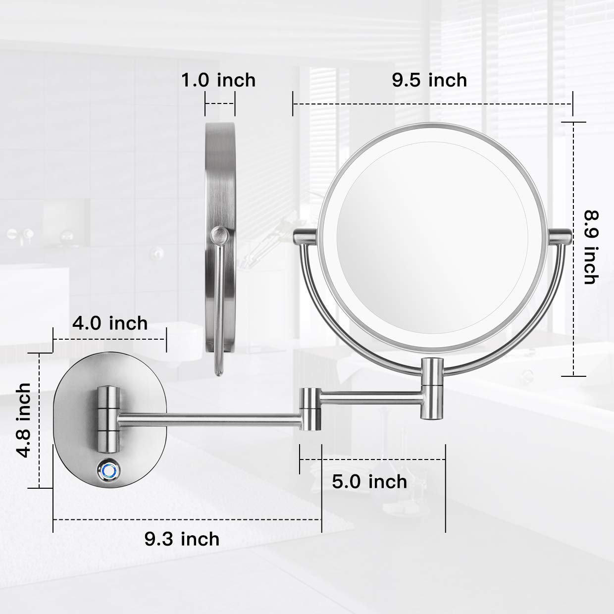 Pansonite LED Wall Mount Makeup Mirror with 10x Magnification, 8.5'' Double Sided 360° Swivel Vanity Mirror with 13.7" Extension and Adjustable Light for Bathroom & Bedroom, Brushed Finished