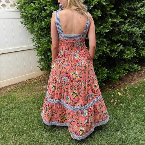 Image of Women Y2k Boho Maxi Dress Tie Shoulder Backless Strappy Tiered Flowy Dress 2024 Summer Floral Beach Sundress