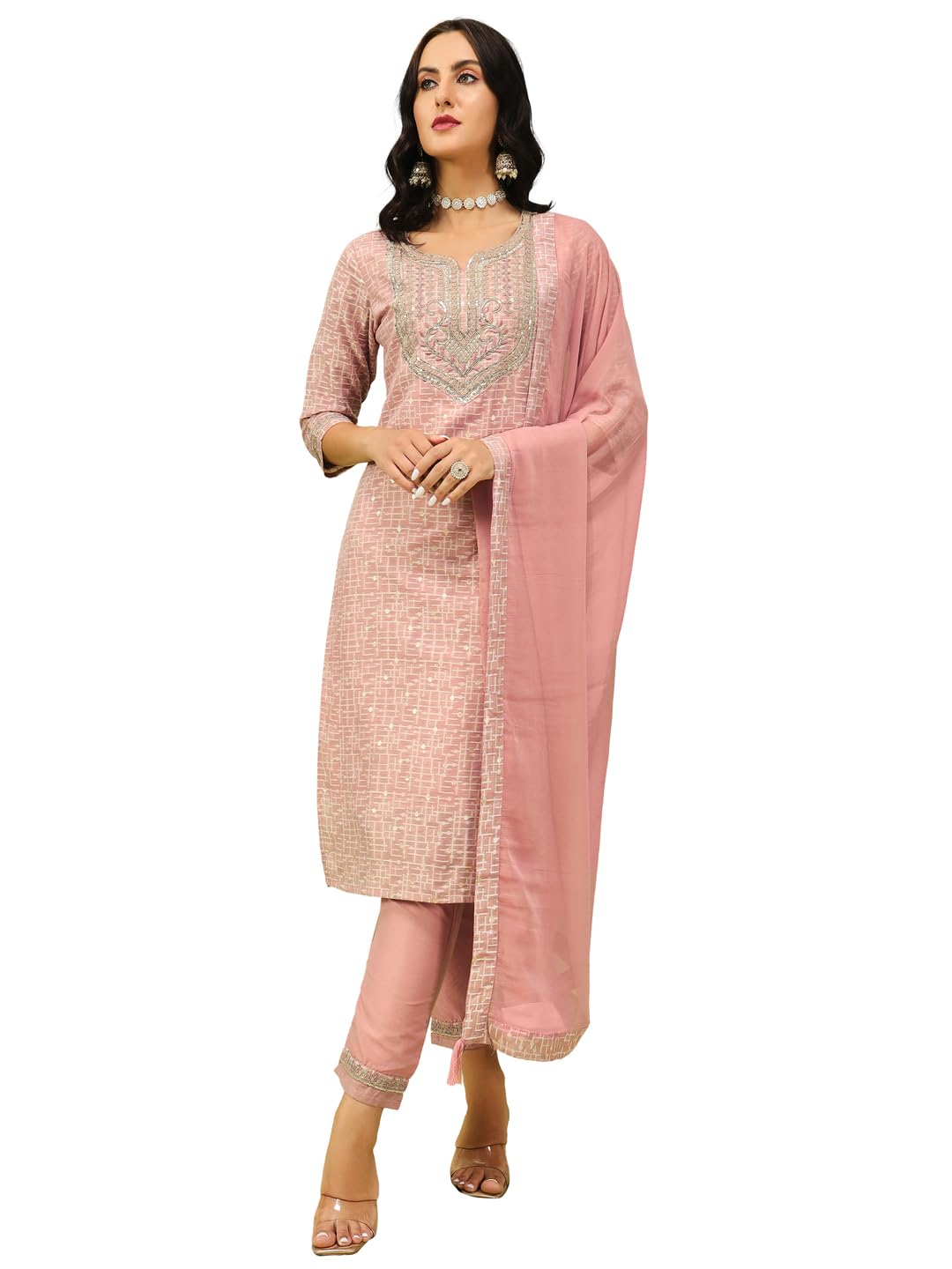 Women's Embroidered Chanderi Modal Butti Kurta Pant Set with Nazneen Dupatta-image-25