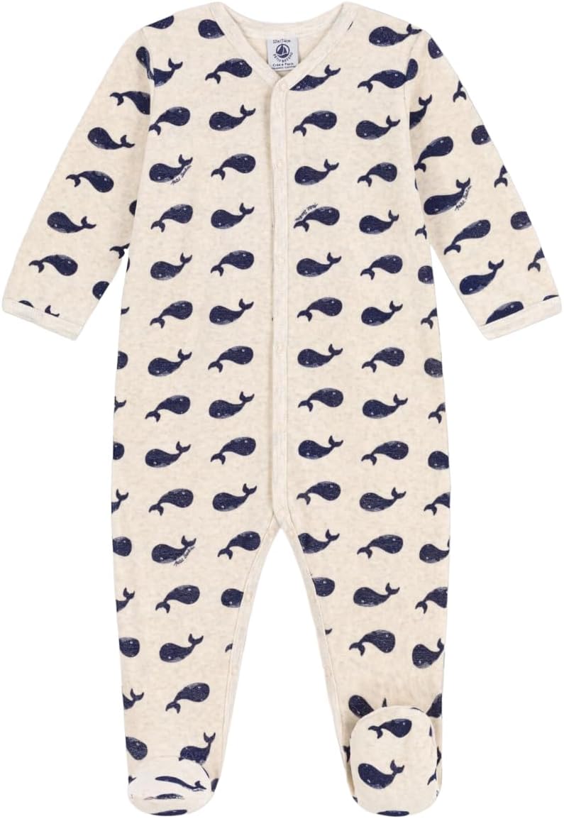 Petit Bateau BOYS NAVY WHALE PATTERNED VELOUR FOOTIE SIZES 1-9 MONTHS