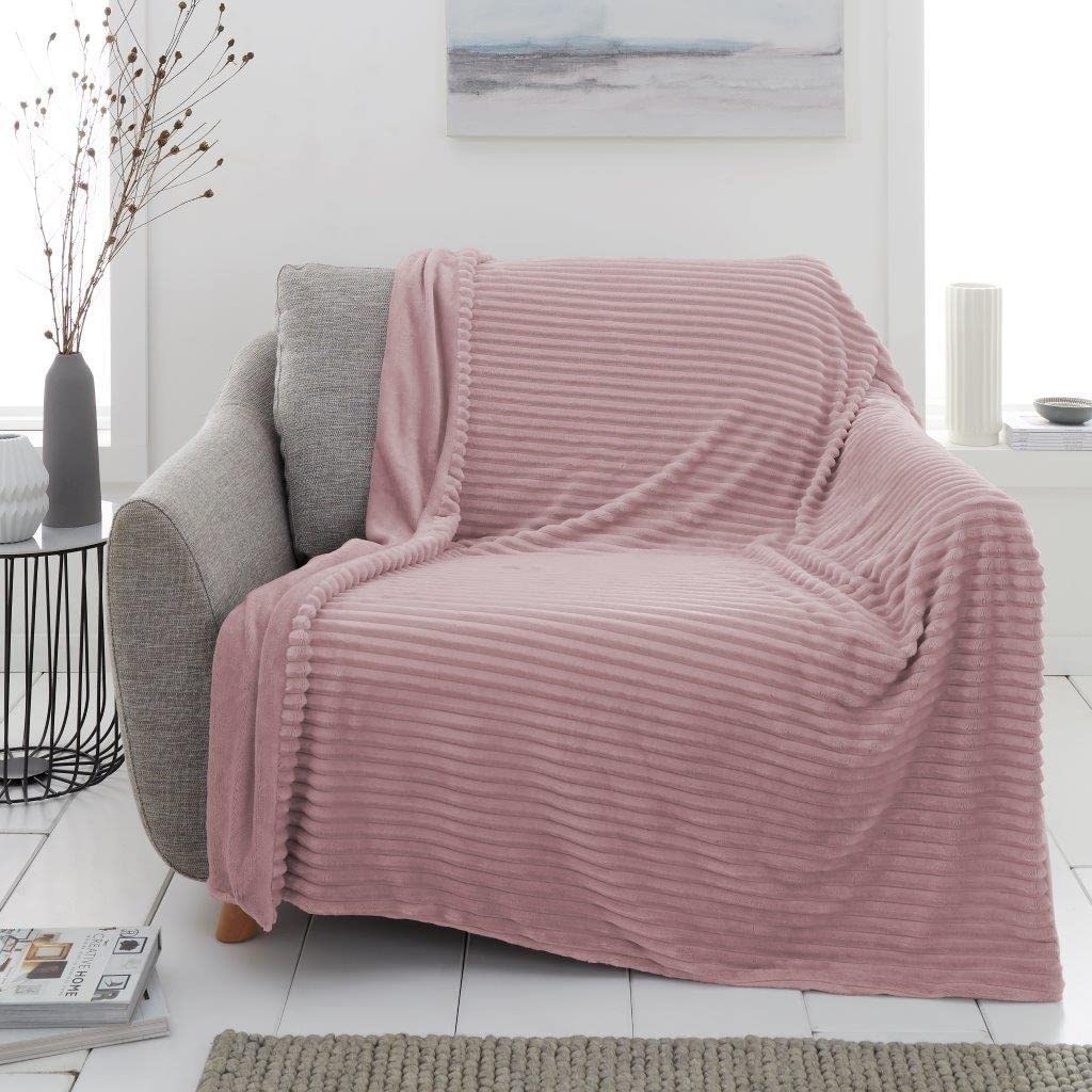 De Lavish Chunky Rib Teddy Flannel Fleece Throw Blanket Sofa Sette Couch Cuddly Cosy Soft Bed King Size, Blush Pink
