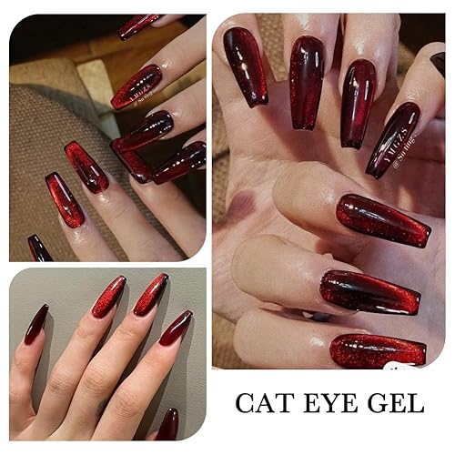 Miniatura 4 de Esmalte de uñas de gel Cat Eye (rojo vino/rojo burdeos), 0.34 onzas líquidas (paquete de 1) A01 - Rojo oscuro y rojo oscuro,A02-Rojo oscuro y verde