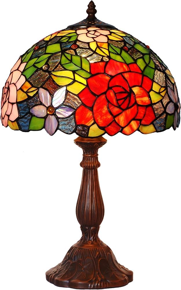 Desk Lamp 12Inch Stained Glass Grape Floral Lampshade Aluminum Alloy Living Room Office Bedroom Study Cafe Table Liging Antique Art Table Lamp (Base4 rose)