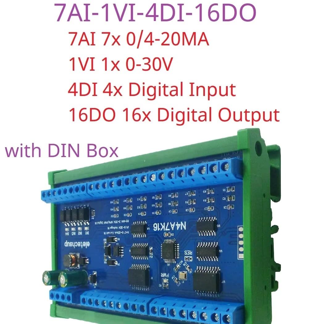 16DO 4DI 8AI PLC IO Module with Modbus RTU 4-20MA/0-10V Voltage Collector Module PLC Analog Input NPN/PNP Photoelectric Isolation for Industrial Automation Home (7AI-1VI with Box)