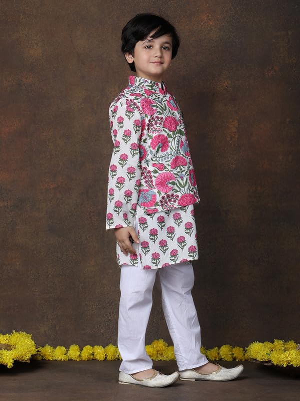 Image of superminis Boys Cotton Printed Full Sleeves Kurta With Ajrakh Printed Jacket and Pyjama Set
