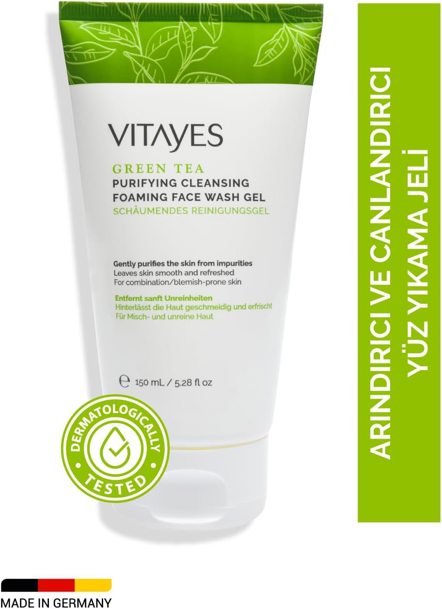 VITAYES Yüz Temizleme Jeli Akne Siyah Noktaya Yatkın Ciltler Için Yeşil Çay Özlü, 150 ml