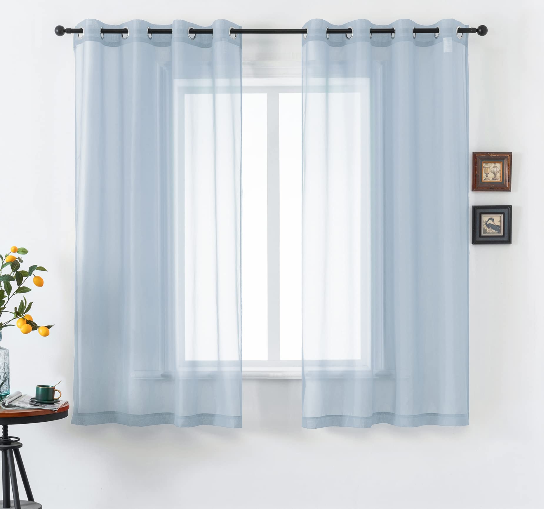 DUALIFE Dusty Blue Curtains 63 Inch Length for Bedroom Decor Set of 2 Panels Grommet Window Look Semi Sheer Volie Transparent Blue Sheer Curtains for