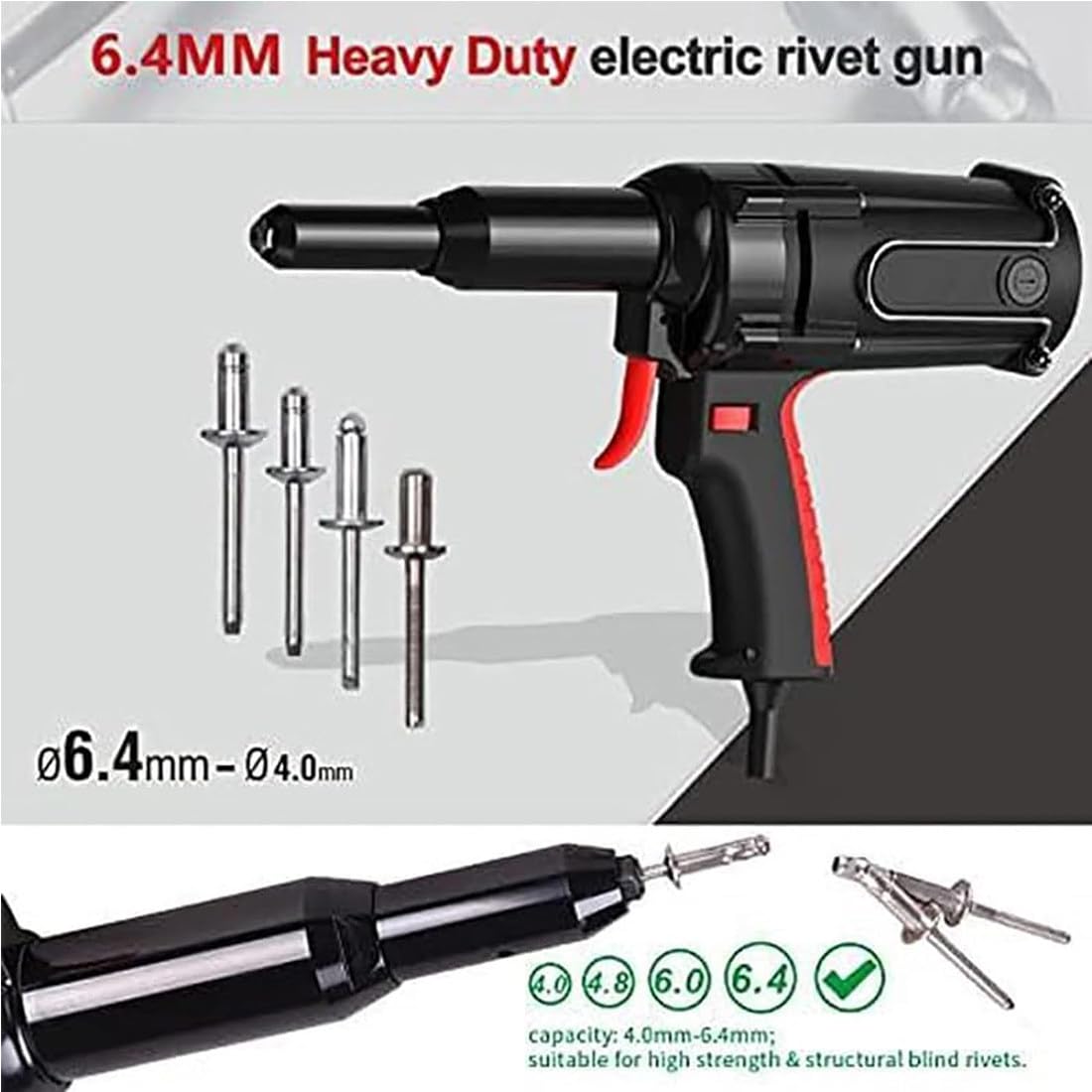 Zestaw Nitownicy Elektrycznej 220V 600W,Wiertarka Elektryczna Nitownica,Narzędzie Do Nitowania Adapter Wiertarski Nitownica Narzędzie Do Nakrętek Z łbem Nitu O średnicy 4,0/4,8/6,4Mm