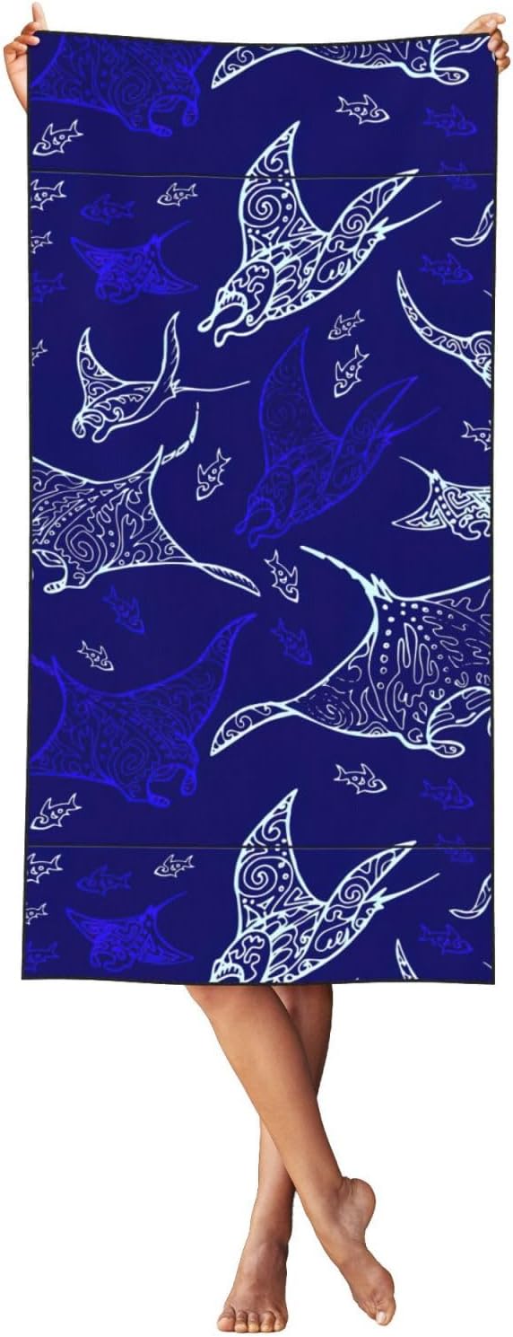Peach Skin Velvet Quick Dry Lightweight Manta Ray and Fish Print Beach Towel for Beach,Bath,Pool,Gym,Yoga