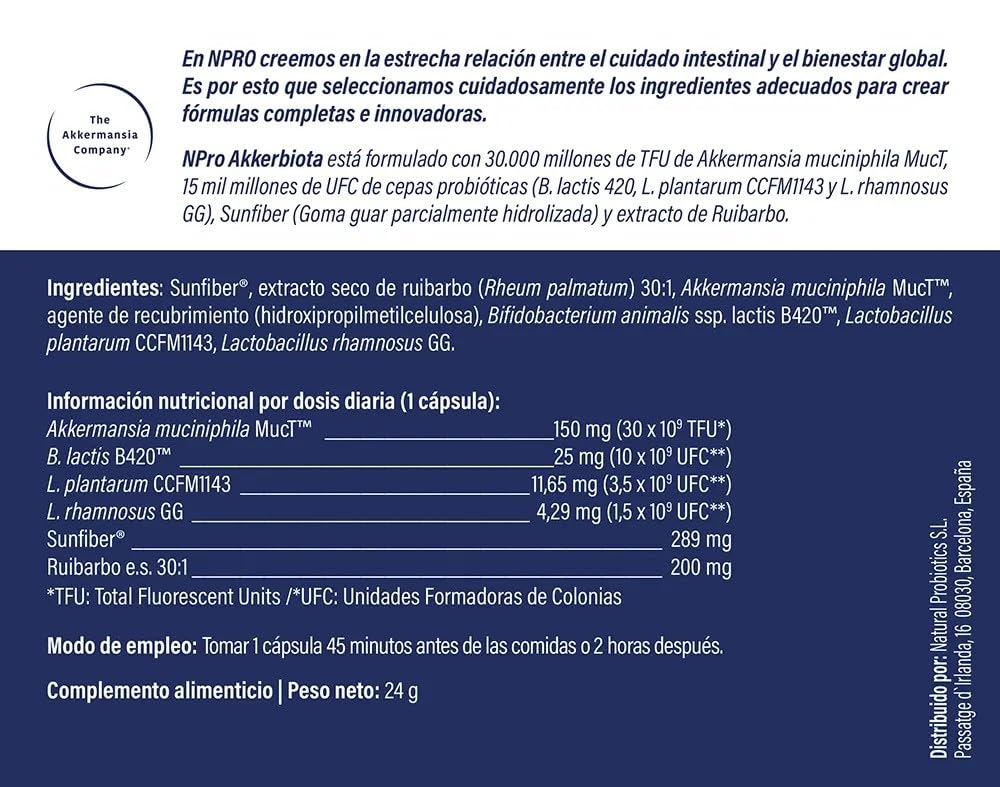 NPro SALUD INTESTINAL Akkerbiota 30 Cápsulas Akkermansia Muciniphila | Akkermansia MucT®, Cepas Probióticas, Prebióticos Sunfiber® y Ruibarbo, Apoyo a Mucosa y Barrera Intestinal