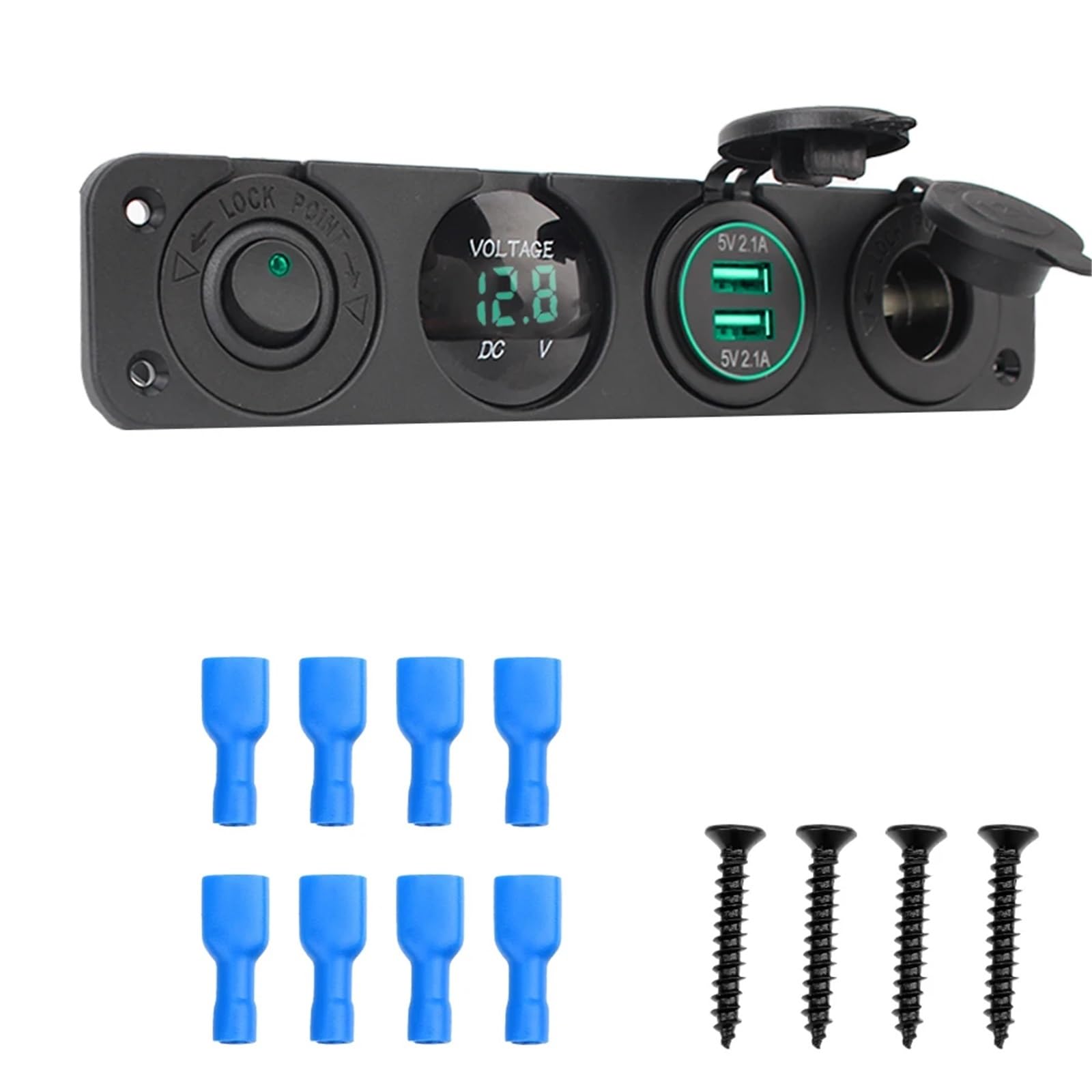 Pannello di alimentazione 12V 4 in 1 con interruttore, voltmetro, tester, caricabatterie USB for auto, presa accendisigari 3.0, interruttore a levetta(Groen)
