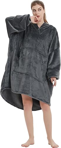 Miniatura 5 de ABENCA Manta con capucha para adultos, sudadera de gran tamaño de franela ligera, cálida y acogedora, talla única, color gris