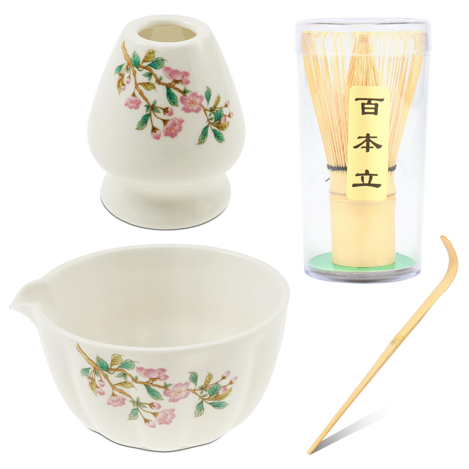 Matcha Whisk and Bowl Kit with Holder Sturdy Elegant Versatile Japanese Tea Making Kit Matcha Whisk Set for Tea Trip Home Use(White,4-Piece Set)