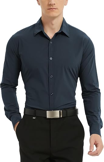 LETAOTAO Men Stretch Dress Shirts Slim Fit Solid Long Sleeve Wrinkle-Free Button Down Shirt for Men Casual Business Formal