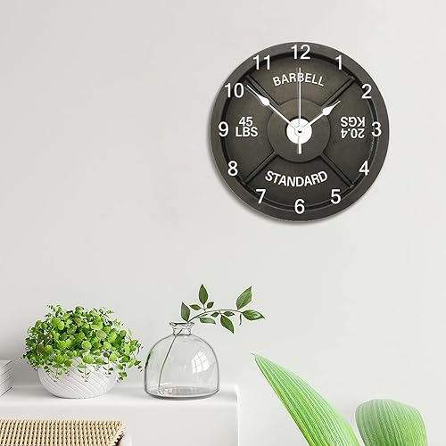 Miniatura 3 de ArogGeld Reloj de pared con placa de pesas para fitness, decoración estándar de gimnasio, 10 pulgadas, funciona con pilas, silencioso, sin tictac,