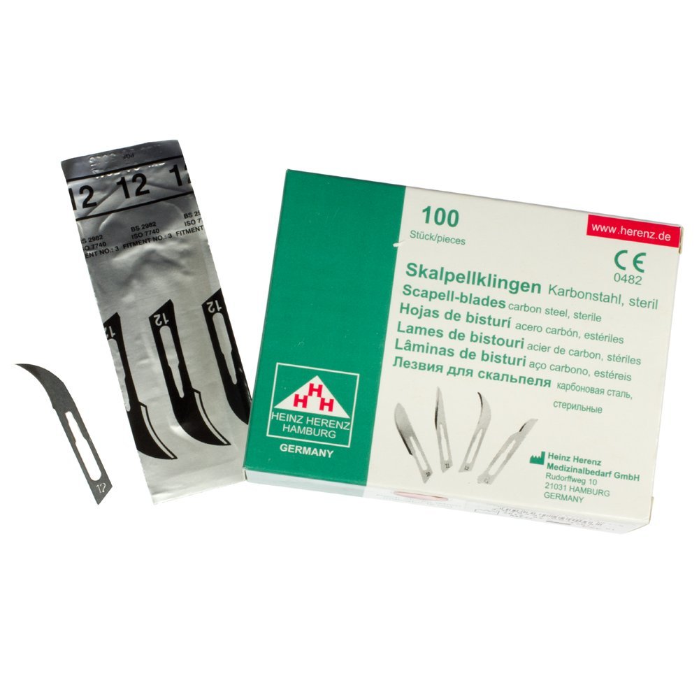 Set avec 100 x lames de scalpel N° 12 - Lame stérile en acier au carbone et 1 x May - manche de scalpel Figure N° 3 en acier inoxydable