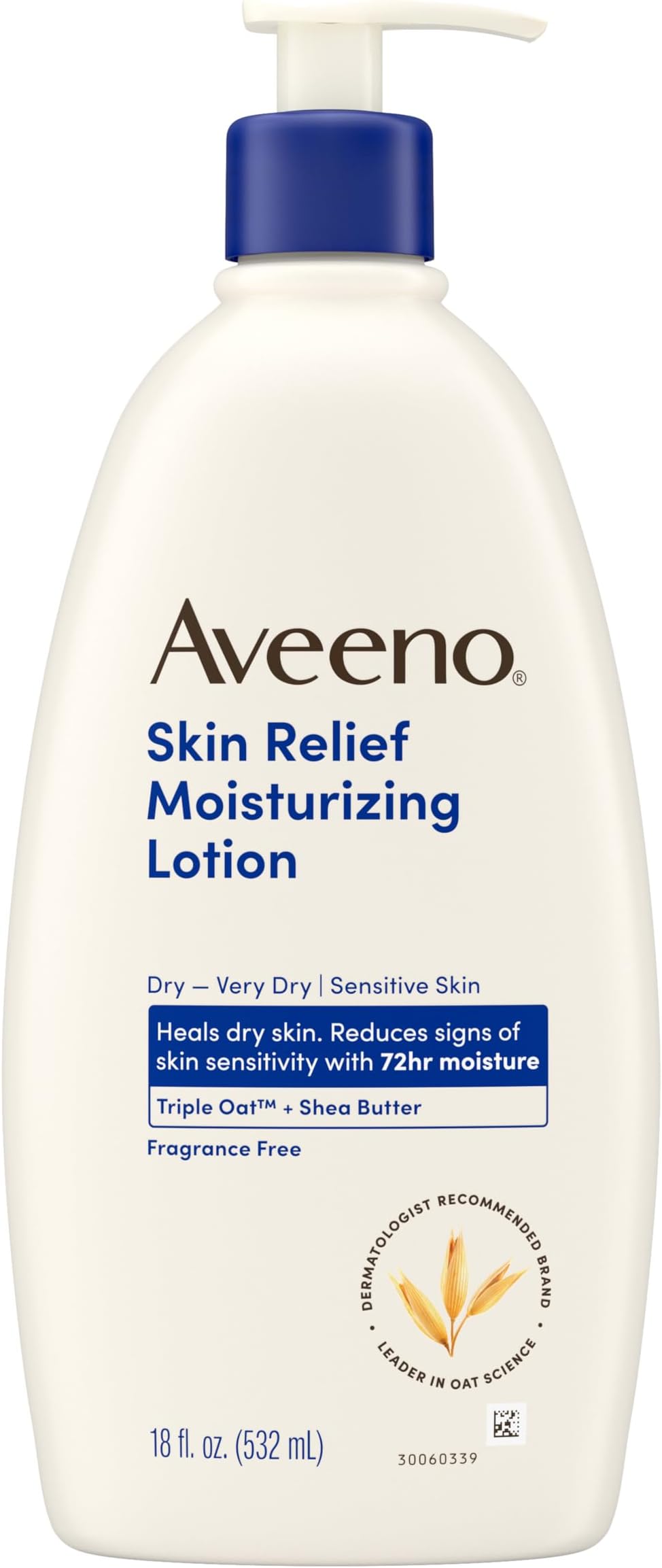 Aveeno Skin Relief Moisturizing Body Lotion Heals Very Dry, Sensitive Skin, Fast Absorbing Lotion with Soothing Triple Oat & Shea Butter Formula, Fragrance Free Lotion, Non-Comedogenic, 18 Fl Oz