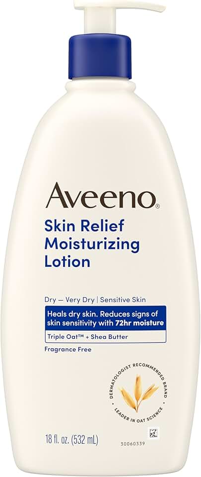 Aveeno Skin Relief Moisturizing Body Lotion Heals Very Dry, Sensitive Skin, Fast Absorbing Lotion with Soothing Triple Oat & Shea Butter Formula, Fragrance Free Lotion, Non-Comedogenic, 18 Fl Oz