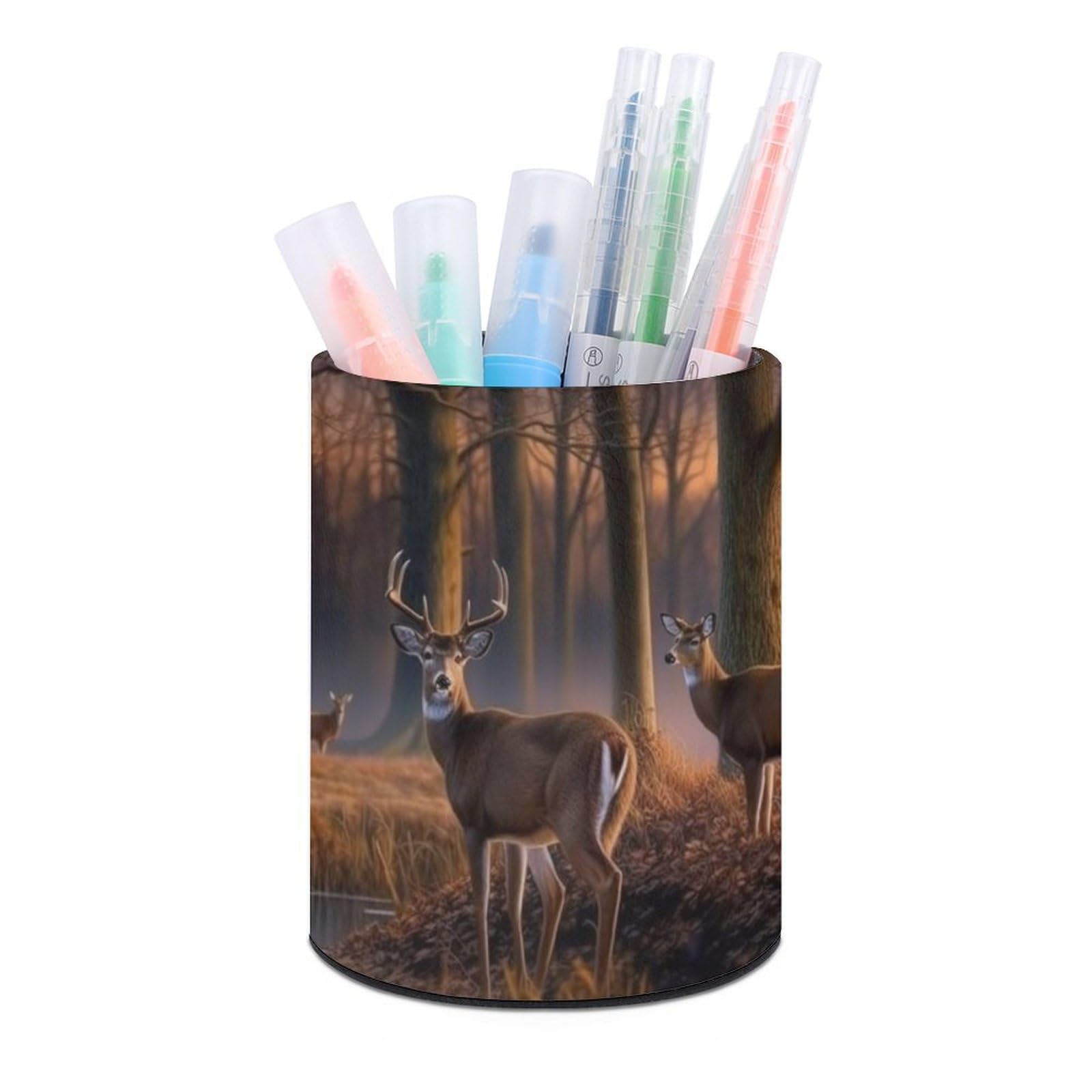 JTREHY Round Pen Holder,Nature Wild Animal Deers Printed Makeup Brush Storage Box Desktop Stationery Storage Cup Office Accessories Storage Box Pencil Storage Box for Home Office Dressing Table