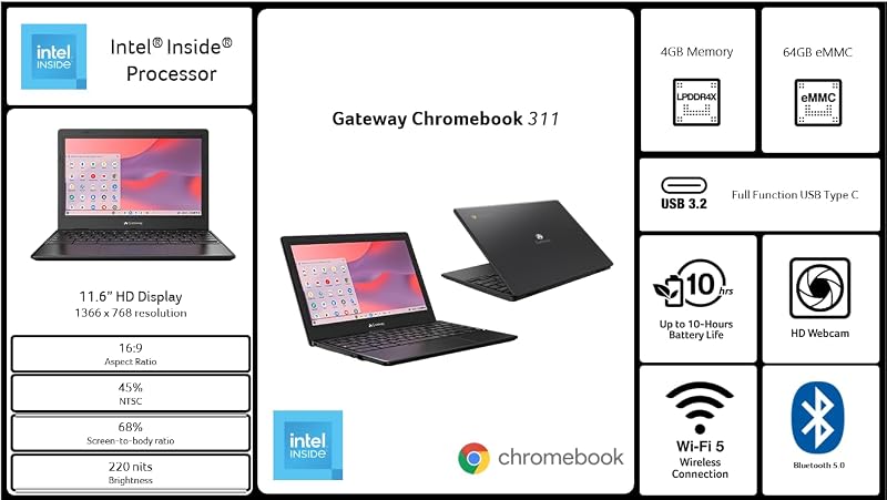 Acer Gateway Chromebook 311 CBO311-1H-C1MX Laptop | Intel Celeron N4500 | 11.6" HD (1366 x 768) Display | 4GB LPDDR4X | 64GB eMMC | Wi-Fi 5 802.11ac | Chrome OS | Star Black image 6