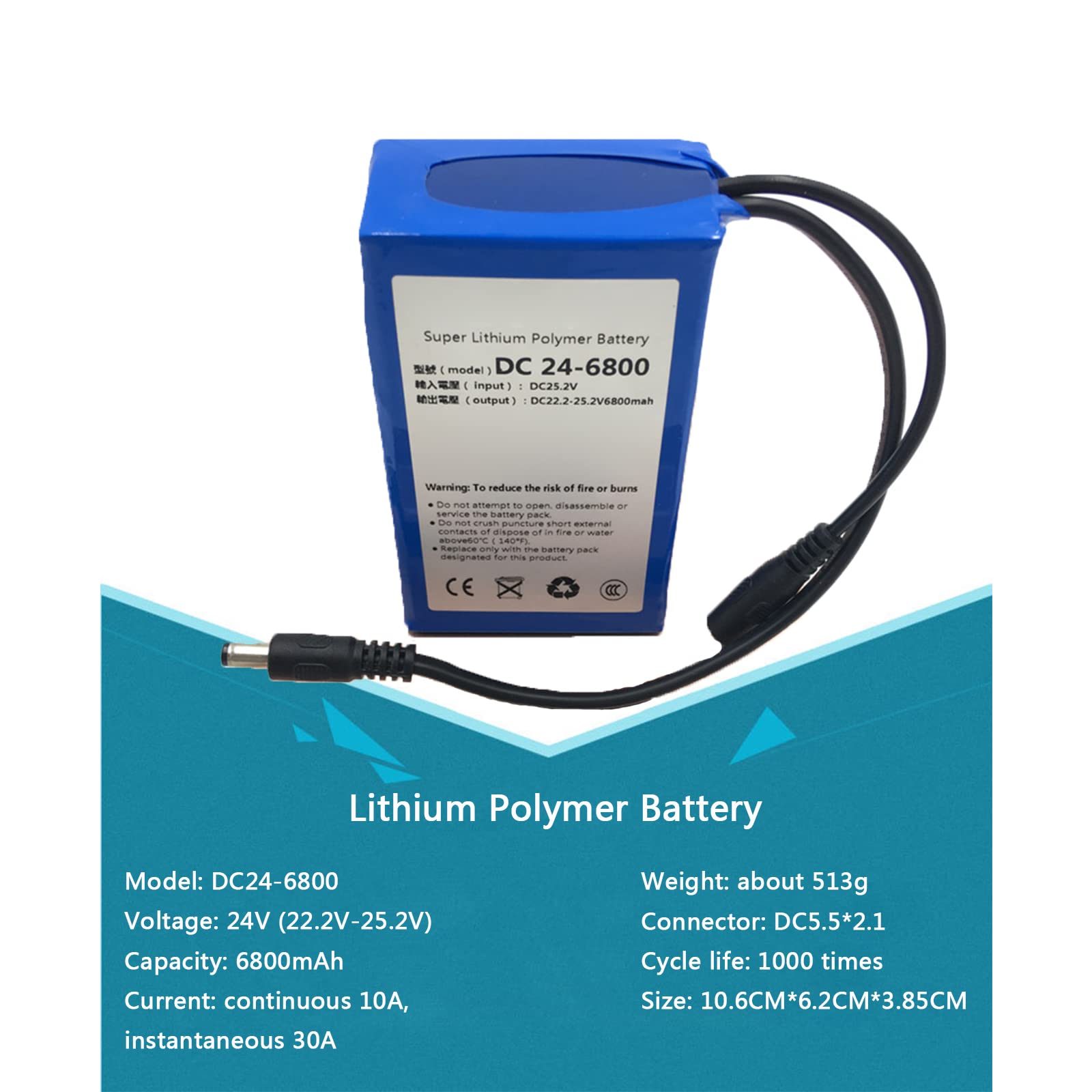 Paquete Batería Polímero Iones Litio 24V 6800mAh Batería Litio Recargable Portátil con Cargador Apto para Tiras LED Suministros De Energía De Emergencia Herramientas Eléctricas