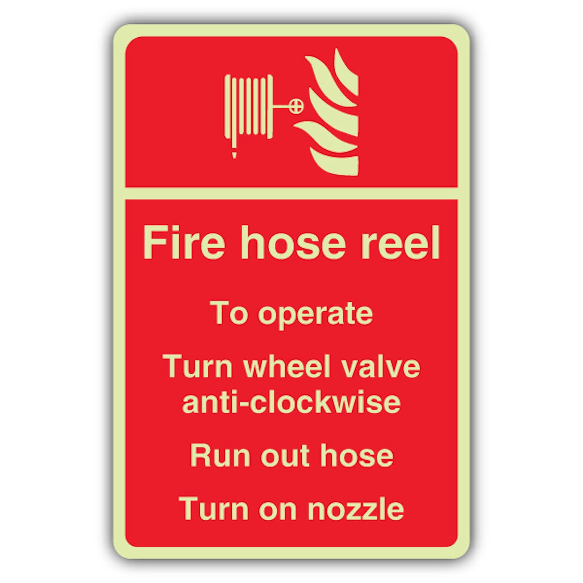 V Safety - Carrete de manguera de fuego que brilla en la oscuridad - Señal de válvula de rueda giratoria - 300 x 450 mm - Hecho de vinilo autoadhesivo de doble brillo - Señalización de seguridad